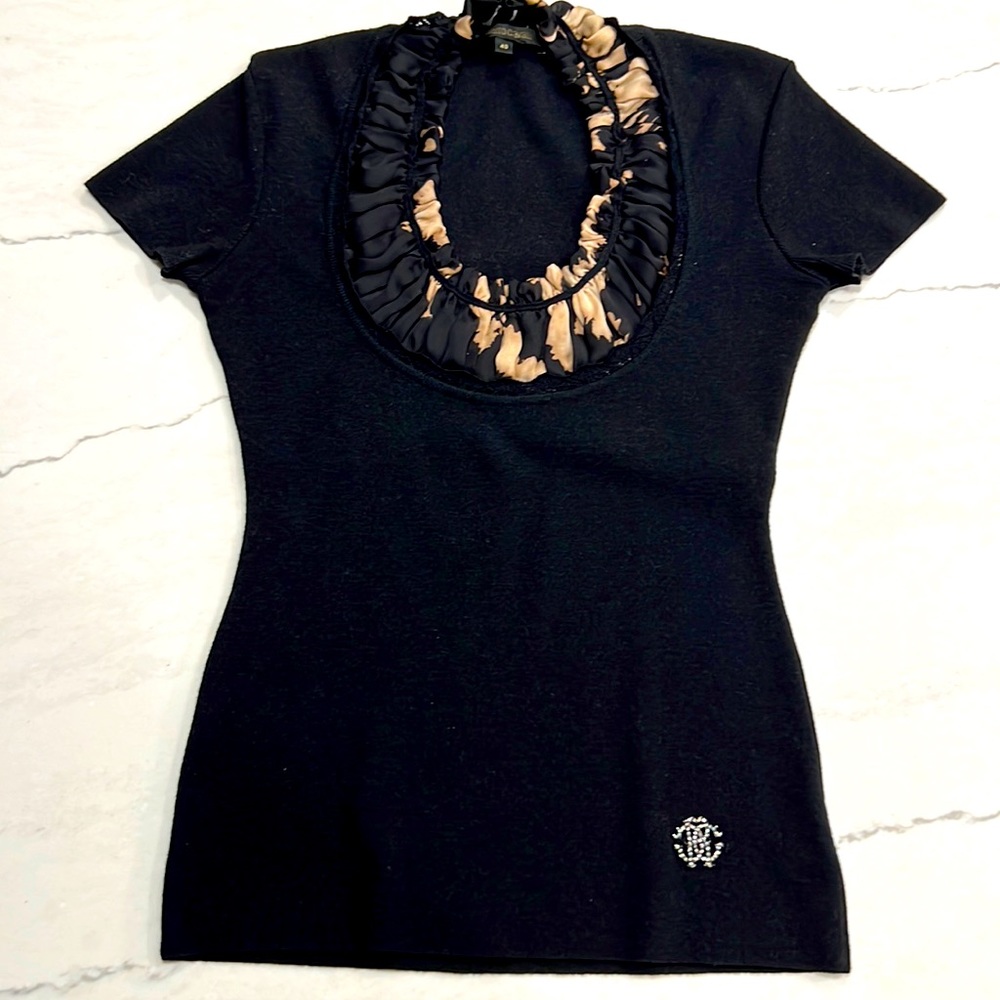 Roberto Cavalli Black short sleeve decorative scoop neck Sweater size 0
